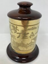 Tea Caddy Vtg Chinese Brass Tin Wood Etched Gold Tone Storage China GA