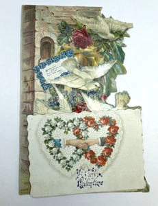 ANTIQUE German Valentine Pop up DOVES flowers honeycomb Hands Embossed USED - Picture 1 of 11