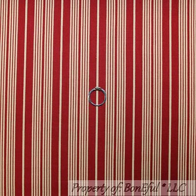 BonEful Fabric FQ Cotton Quilt Red Maroon Tan Cream TICKING Stripe Xmas Holiday - Image 1 of 4
