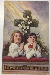 Vintage Beautiful Easter Greetings Two Children Praying Cross Lilies Flowers - Picture 1 of 4
