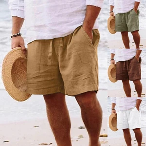 Mens Summer Casual Cotton Linen Lace Up Shorts Solid Pocket Loose Short Pants US - Picture 1 of 21
