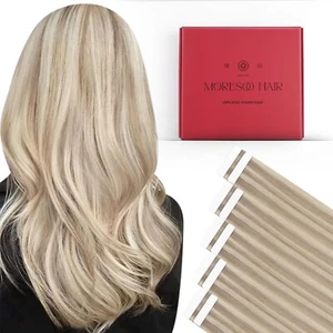Moresoo Tape in Hair Extensions Human Hair 24" 10 Pcs Ash Blonde Highlighted 25g - Picture 1 of 12