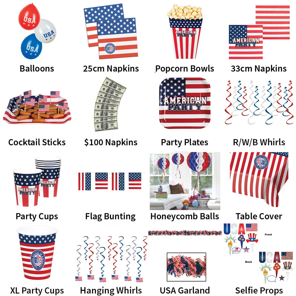 USA AMERICA STARS & STRIPES THEME DECORATIONS - PARTYWARE COMPLETE SELECTION - Image 1 of 1
