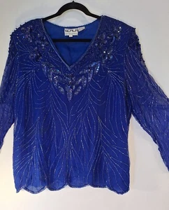 Scala 2X Sequin Beaded Top Silk Deep Neckline Sheer Sleeves XXL Evening Glam - Picture 1 of 10