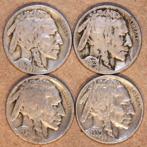 (4) Buffalo Nickels - 1921(VG) 1923S(VG) 1930S(VF) 1934D(Good) - #3032B Cover