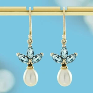 Orecchini farfalla oro giallo 9 kt topazio blu naturale e perle stile vintage - Foto 1 di 6