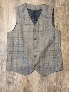Brown Tweed Waistcoat Button Vest Checked Windowpane Plaid Men L British/Scot - Picture 1 of 5