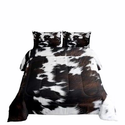 Brown Cowhide Comforter Set,Black White Aztec Cow Print Bedding Queen Multi 72 - Image 1 of 4