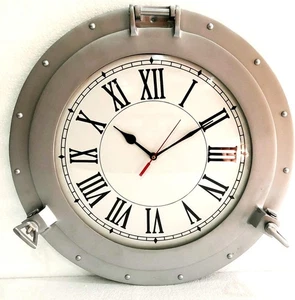 15" Vintage Navigation Marine Silver Ship Porthole Clock Ship Window Wall Clock - Picture 1 of 5