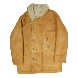 Mens Beige Leather Button Jacket M Shearling Plain Winter Outerwear Warm - Picture 1 of 6