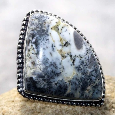 Кольцо с драгоценным камнем с серебряным покрытием из дендритного опала 925 пробы США 9 быстро продаваемый подарок JW - Изображение 1 из 3