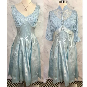 Vintage 50er Fred Perlberg Cocktailkleid M blau Liquid Satin Kleid Handschuhe Cinderella - Bild 1 von 24