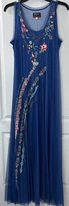 Johnny Was Biya M Mazzy Bias Blue Mesh Maxi Dress Colorful Floral Embroidery - Picture 1 of 14