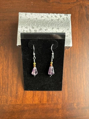 Amethyst And Tourmaline Dangling Gemstone Earrings Triangle Arrow Silver - Image 1 of 2