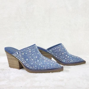 Vibes Western Cowgirl Denim Slip On Shoes Mules / Clogs Iridescent Rhinestones - Picture 1 of 8