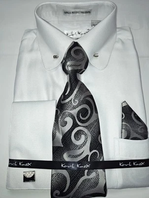 Mens White Eyelet Collar Bar French Cuff Dress Shirt + Tie Set Karl Knox SX4543 - Image 1 of 3