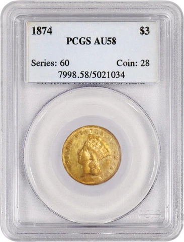1874 $3 Indian Princess Head Three Dollar Gold PCGS AU58 About Uncirculated Coin Cover