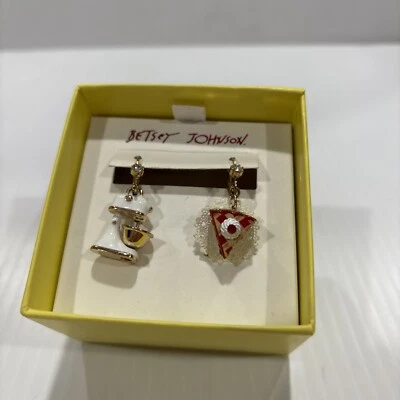 New Betsey Johnson Gold Tone Mixer & Pie Mismatch Drop Earrings White Color - Image 1 of 4