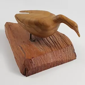 Vintage Hand Carved Wooden Duck Figurine Drift Wood On Stand Signature of Carver - Picture 1 of 6