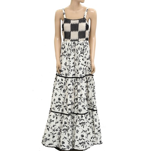 VALENTINO Maxi abito a strati The Great stampa floreale quadri uncinetto cotone pizzo S 279904