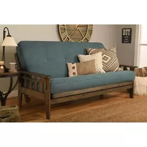 Full-size Rustic Walnut Futon Set with Linen Aqua Blue Mattress - Picture 1 of 4