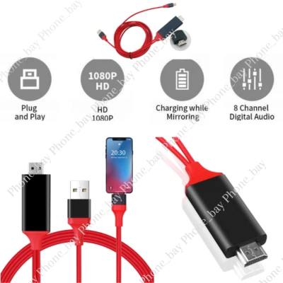 HDMI Mirroring AV Cable Phone to TV HDTV Adapter 1080P For iPhone 14 13 12 11 8 - Image 1 of 4