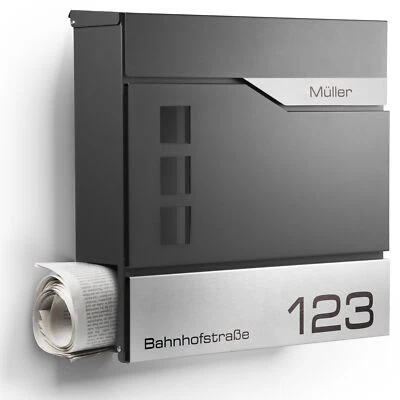 NEWHABITAT Moderner Briefkasten Anthrazit mit Zeitungsfach - Wandbriefkasten personalisiert