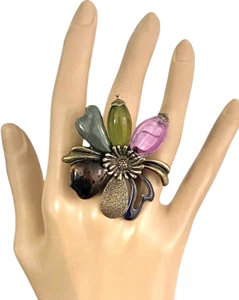Anello allungabile diametro 2" antico tono oro fiore tutti i giorni divertente dichiarazione - Foto 1 di 3