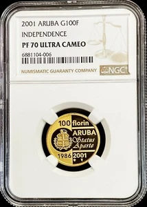 2001 GOLD ARUBA 100 FLORINS INDEPENDENCE BEATRIX NGC PROOF 70 UC 1000 MINTED - Picture 1 of 2