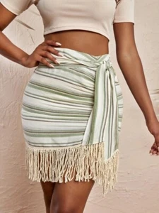Sexy Striped Fringe Hem Ruched Front Fitted Wrap Tie Side Skirt💗Sz Jrs.M - Picture 1 of 5