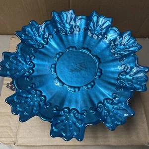Blue Scalloped Metal Top Glass Dessert Cake Plate 10.75” Dia 4.5” Tall New Y39 - Picture 1 of 4