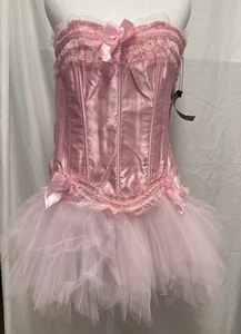 NWT Satin Lace Up Full Side Zip Corset and Tutu 2 Piece Set Sz 14 Pink Sexy - Picture 1 of 21