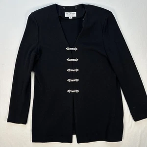 St. John Evening Knit Hook Eye Cardigan Sweater Black Silver Gold Crystal Sz 10 - Picture 1 of 19