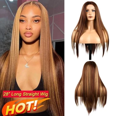 Peluca rubia ombre recta natural de 28" para mujer sintética fiesta diaria juegos con disfraces Foto 1 de 4
