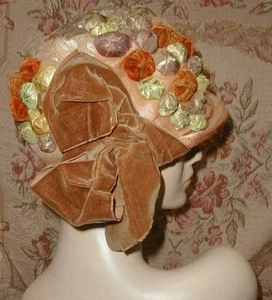 Antique 1920's Cloche Hat w Silk Flower Velvet Puffs, Hand Painted Gilt Leaves - Picture 1 of 15