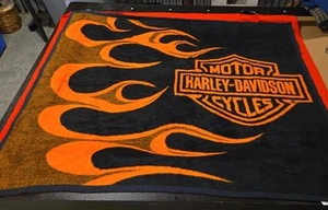 Vintage Harley Davidson Fleece Throw Blanket USA Made Black Flames 46" x 55" - Picture 1 of 10
