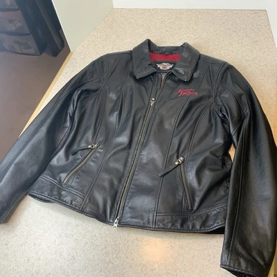 Chaqueta de motociclista Harley Davidson Blazing Rose bordada de cuero negra para mujer L Foto 1 de 4