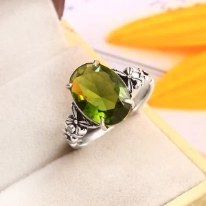 925 Sterling Silver Rose Cut Green Peridot Gemstone Jewelry Ring (US All Size) - Picture 1 of 3