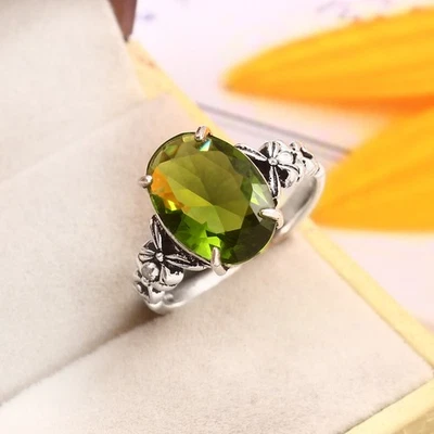 925 Sterling Silver Rose Cut Green Peridot Gemstone Jewelry Ring (US All Size) - Image 1 of 3