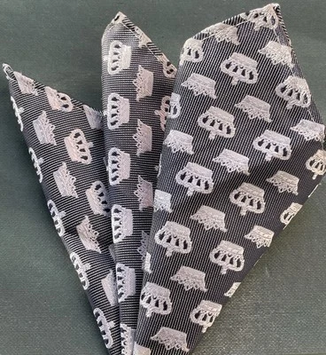 Men’s 8 Inch Pocket Square, Grey With White Crowns Geometric Pattern  - Image 1 of 3