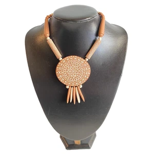 Artisan Hardened Terracotta Clay Carved Bead Boho Gypsy Statement Necklace 40cm - Picture 1 of 12