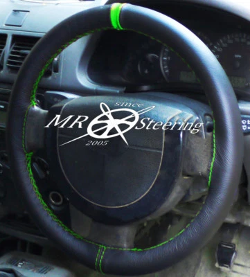 FOR PEUGEOT 308 BLACK REAL LEATHER STEERING WHEEL COVER 2007-2013 + GREEN STRAP - Image 1 of 4