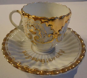 A Present From Cork Ireland Souvenir Cup Saucer Porcelain Gold Gilt Fancy 1920's - Picture 1 of 1