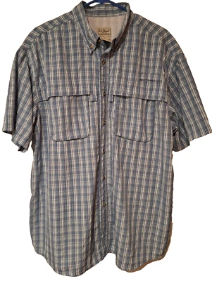 LL Bean Shirt Men XL Reg Blue White Check Short Sleeve Seersucker Fishing - Image 1 of 4