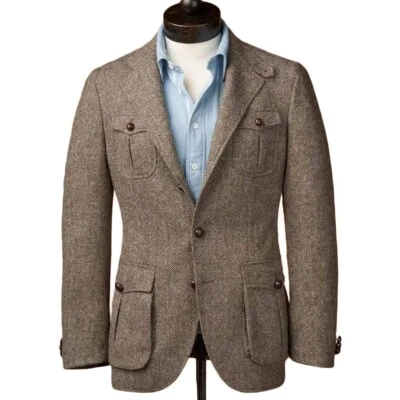 Retro Herringbone Jacket for Men Coat Multi-pockets Single Button Leisure Jacket - Image 1 of 4