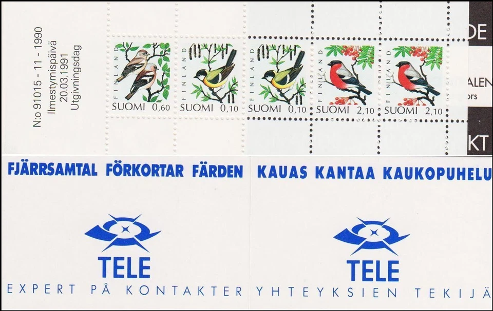 Great Tit Chaffinch Bullfinch Birds Slot-Machine Mint MNH Booklet Finland 1991 - Image 1 of 1