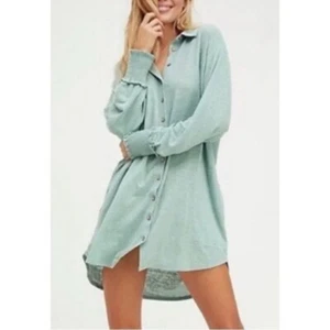 Free People fpBeach Promenade Mini Shirt Green Linen Blend Dress S - Picture 1 of 8