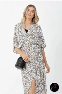 Decjuba Amanda Kimono Wrap Dress Size L/ AU 14 Leopard Animal Print Midi Length - Picture 1 of 8
