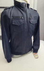 Men's Levi's NavyBlue Faux-Leather Sherpa-Lined Aviator Bomber Jacket Medium New - Picture 1 of 16