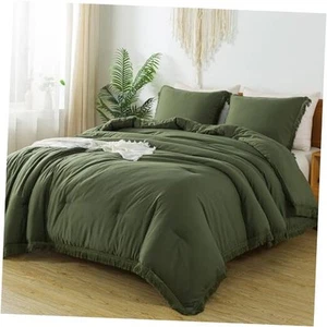 Olive Green Comforter Set Twin Size, 2 Pieces Boho Tassel Lightweight Bedding - Picture 1 of 7